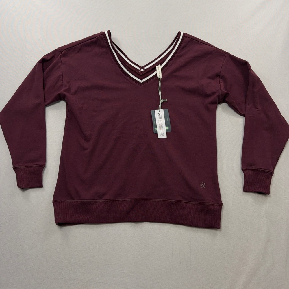 We Wander Sweatshirt V-Neck Striped Trim 4-Way Stretch Burgundy Size‎ M NWT
